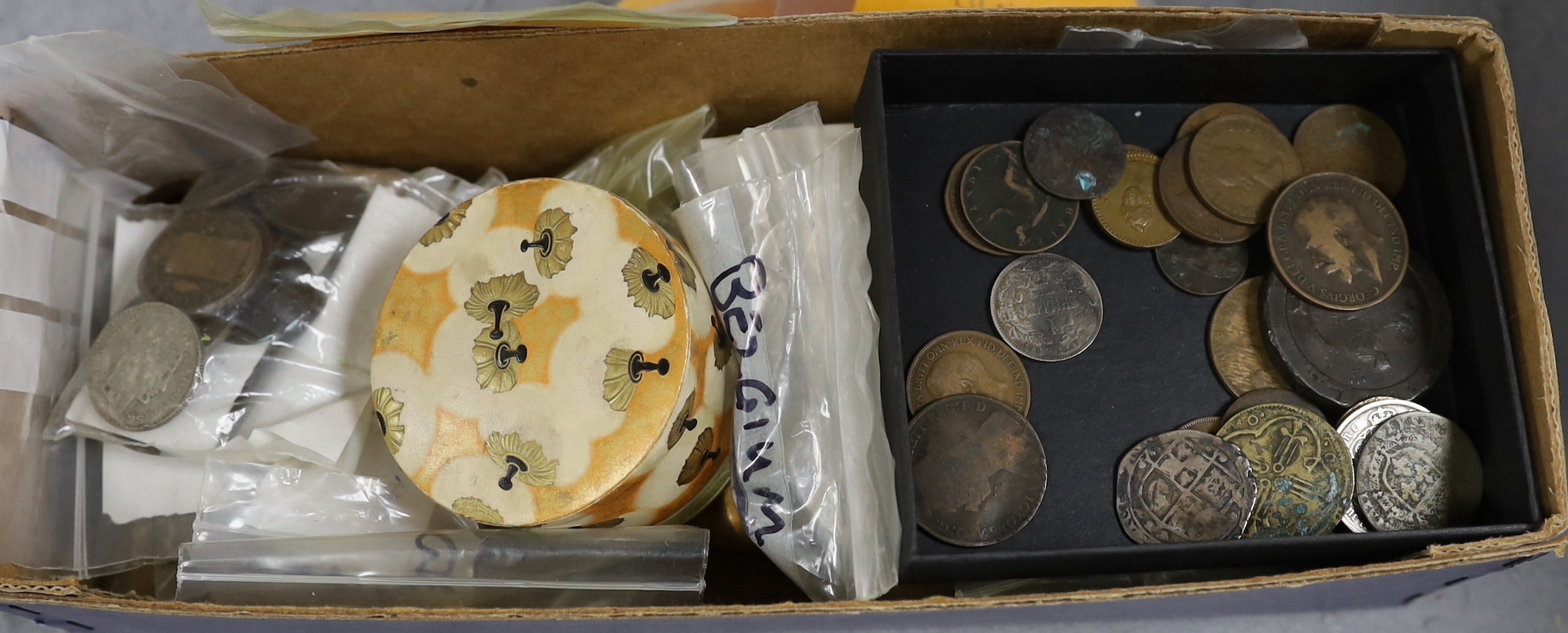 A collection of world coins including halfcrowns, florins, British coins, Charles II to QEII, highlights - 1875, 1888, 1874 and 1890 halfcrowns, Tees 1813 one penny token, James I shilling, 1886 Gothic florin, 1625 Farth